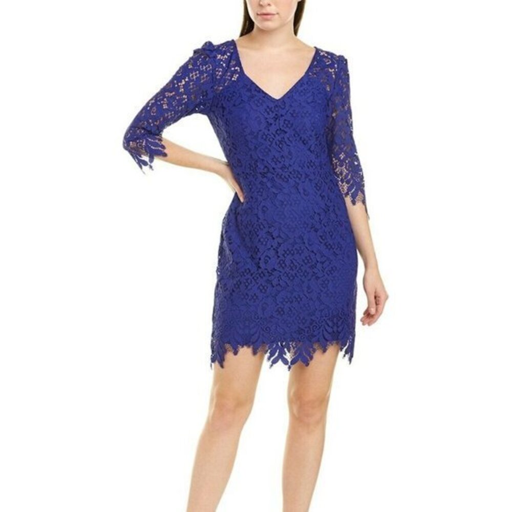 NANETTE LEPORE Lace Zippered V Neck Short Cocktail Sheath Dress in Blue. 8